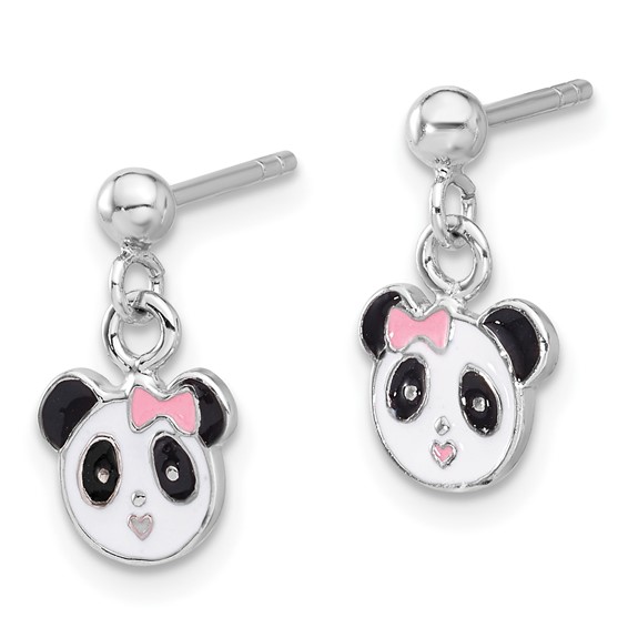 Sterling Silver Rhodium-plated Polished & Multi-color Enameled Panda Children's Post Dangle Earrings