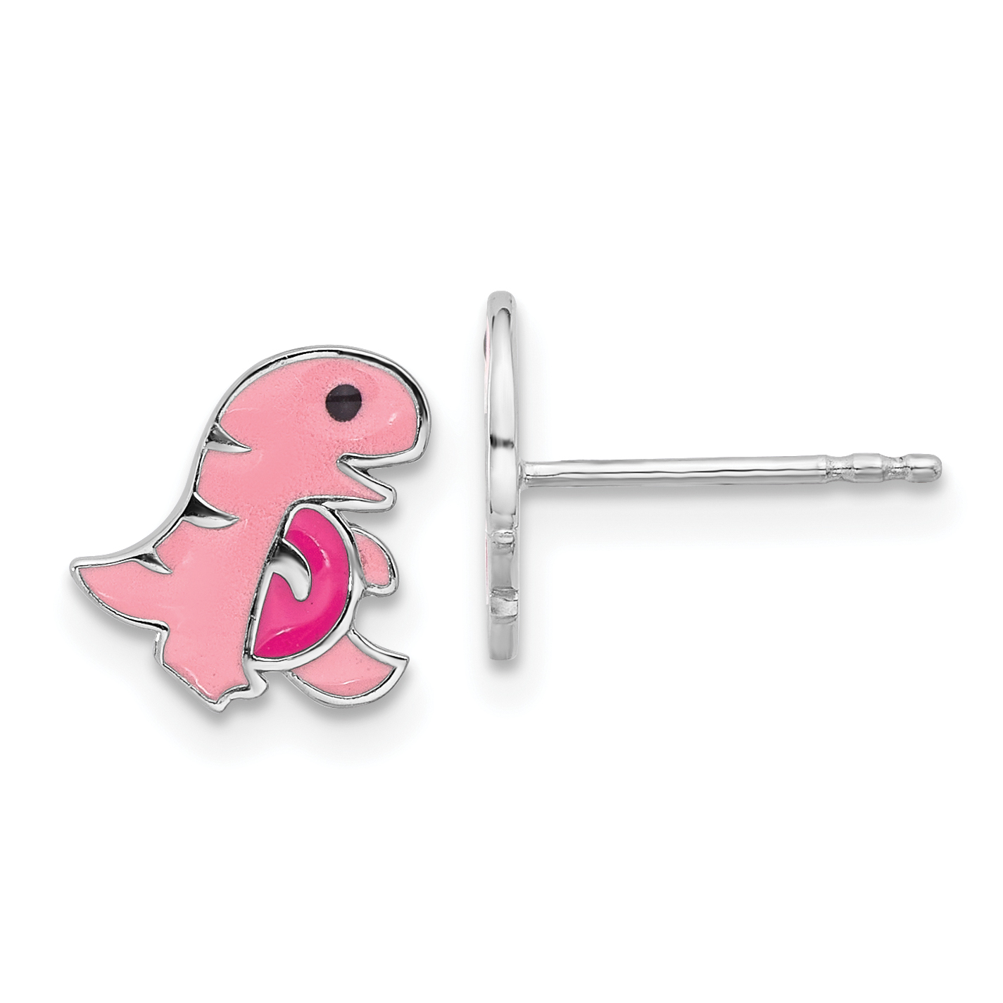 Sterling Silver Rhodium-plated Polished Pink Enamel Dinosaur Children's Post Earrings (QE17750)