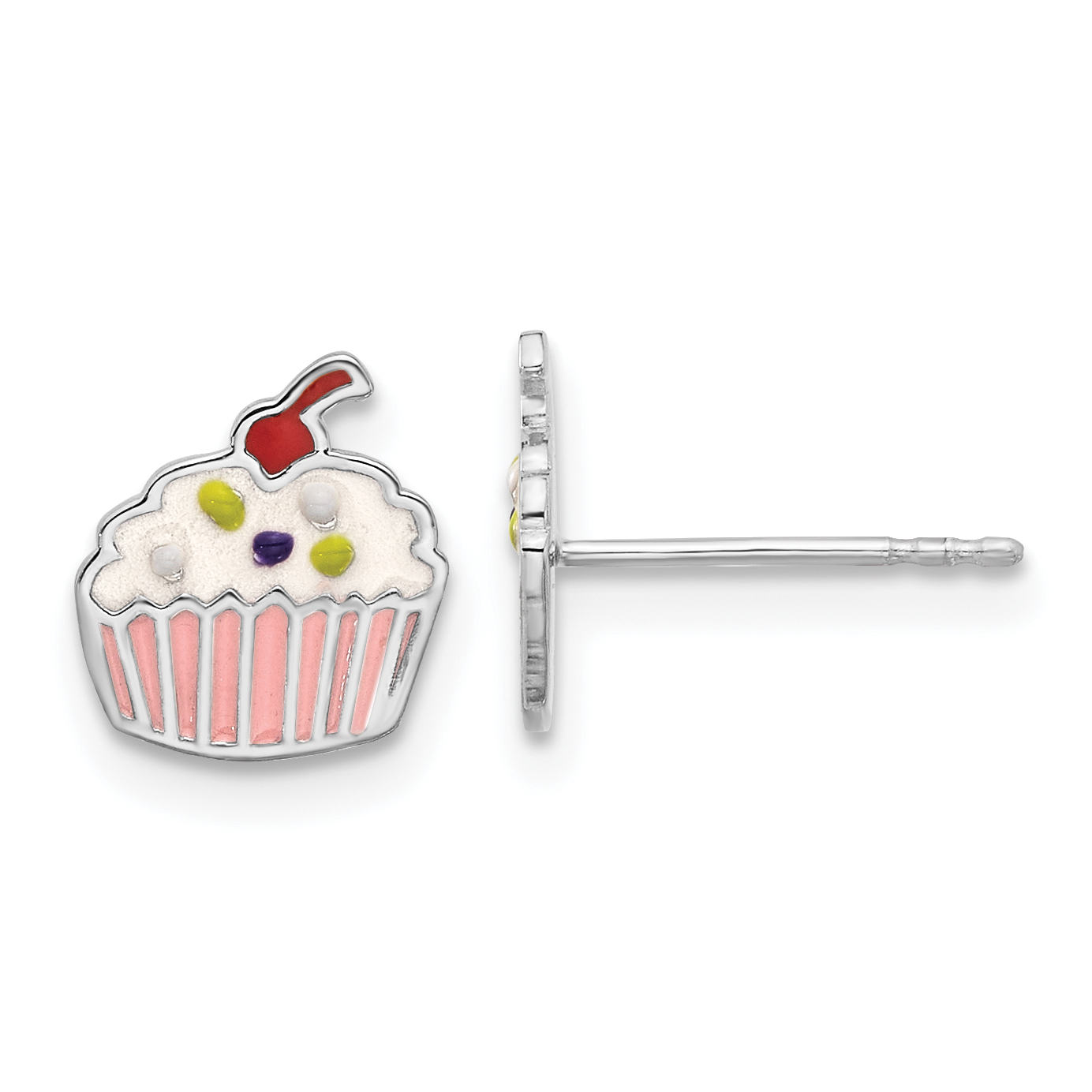 Sterling Silver Rhodium-plated Polished Multi-color Enamel Cupcake Children's Post Earrings (QE17751)