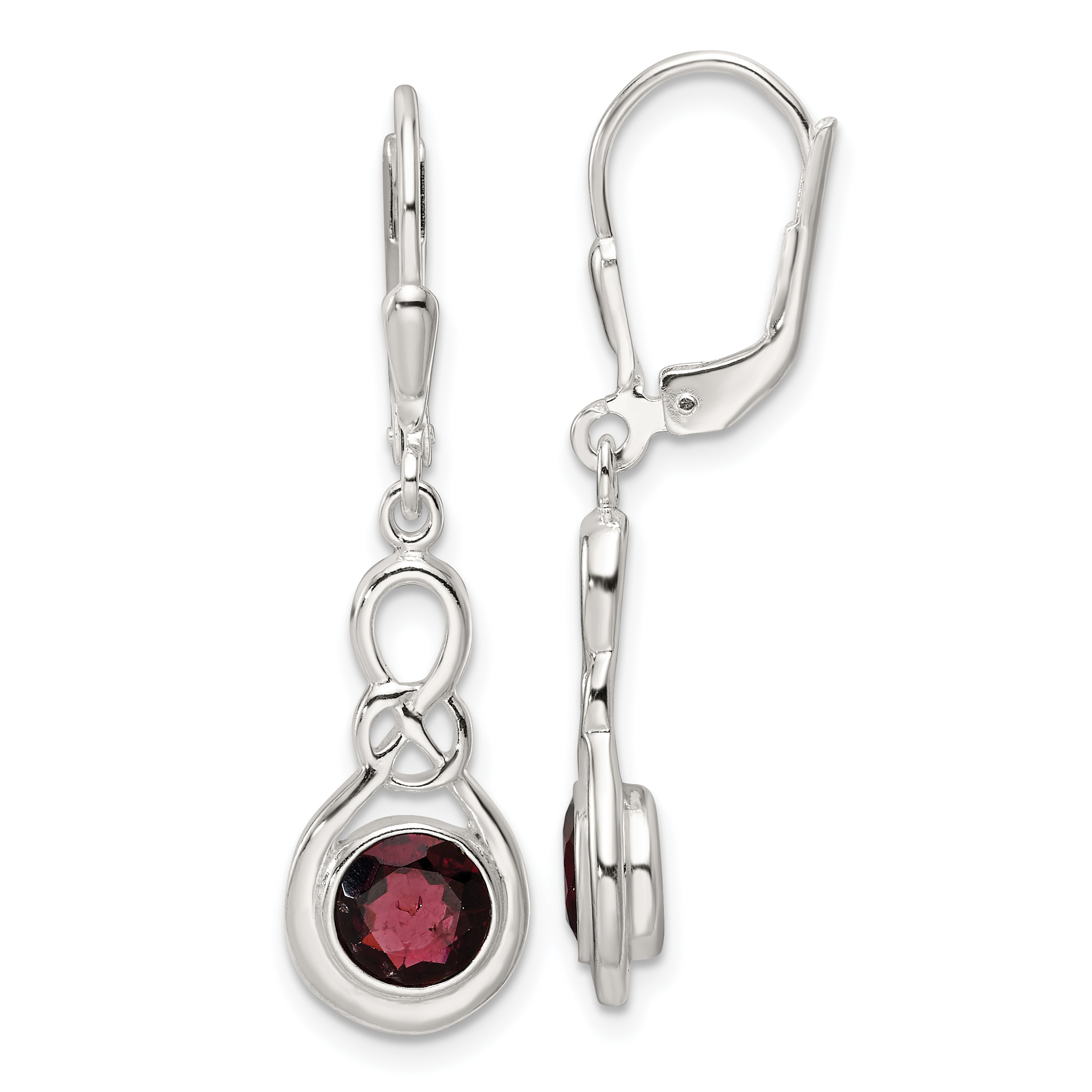 Sterling Silver Polished Garnet Knot Leverback Dangle Earrings (QE17771GA)