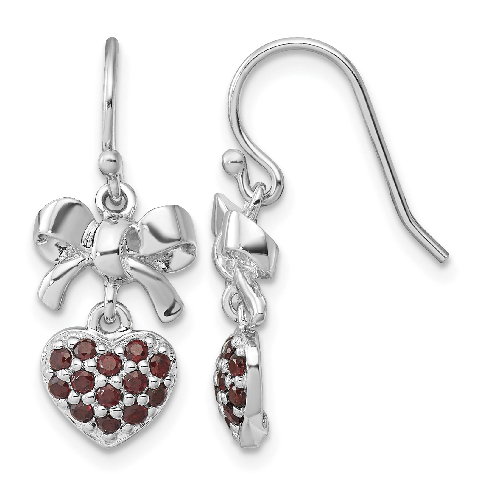Sterling Silver Rh-plated Polish Garnet Heart/Bow Shepherd Hook Earrings (QE17772GA)