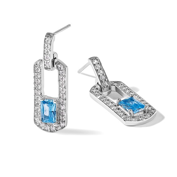 Sterling Silver Rh-plated Polished Blue Topaz and CZ Post Dangle Earrings