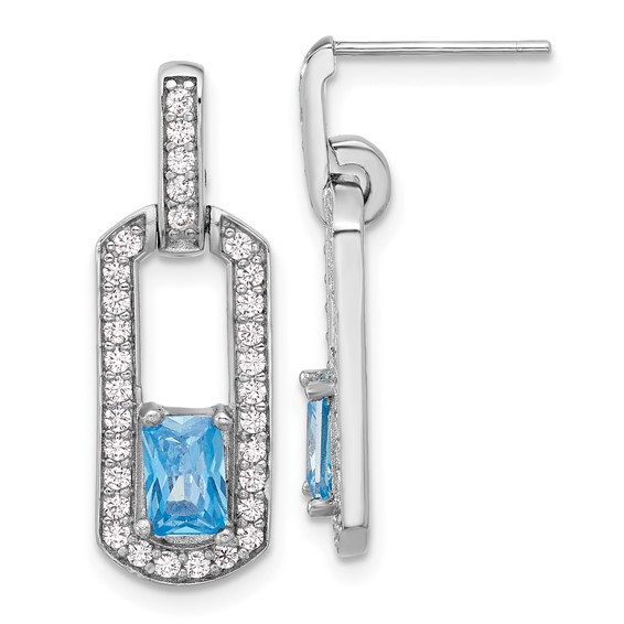 Sterling Silver Rh-plated Polished Blue Topaz and CZ Post Dangle Earrings