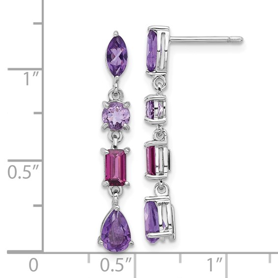 Sterling Silver RH-plated Amethyst Rhodolite Pink Quartz Dangle Earrings