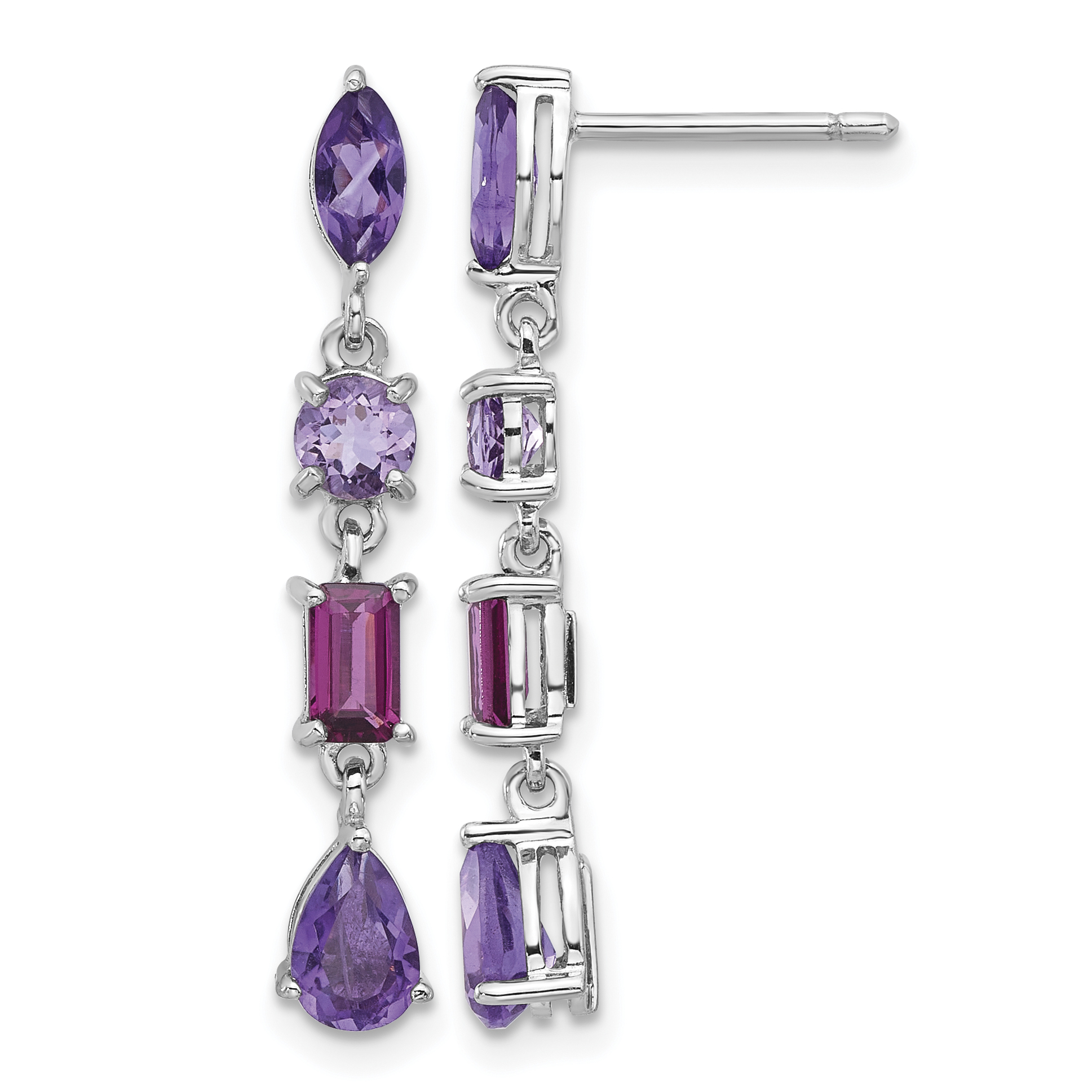 Sterling Silver RH-plated Amethyst Rhodolite Pink Quartz Dangle Earrings (QE17777AM)