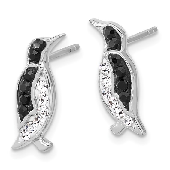 Sterling Silver Rh-plated Polished Crystal Penguin Post Earrings