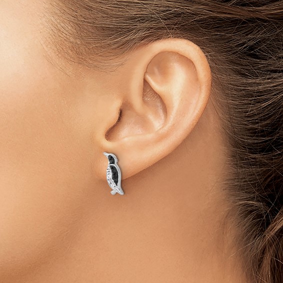 Sterling Silver Rh-plated Polished Crystal Penguin Post Earrings