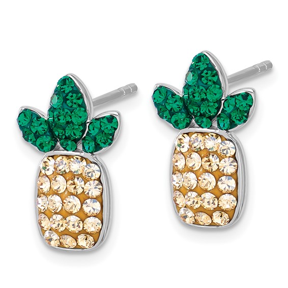 Sterling Silver Rh-plated Polished Crystal Pineapple Post Earrings