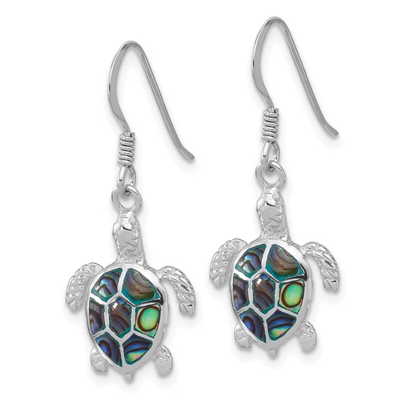 Sterling Silver Rh-plated Polished Paua Shell Turtle Dangle Earrings