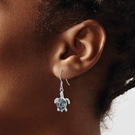 Sterling Silver Rh-plated Polished Paua Shell Turtle Dangle Earrings