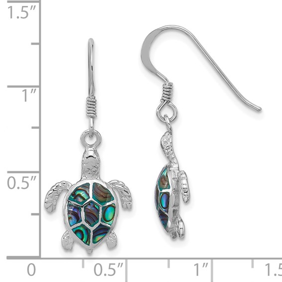 Sterling Silver Rh-plated Polished Paua Shell Turtle Dangle Earrings