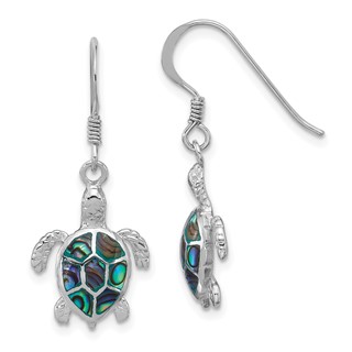 Sterling Silver Rh-plated Polished Paua Shell Turtle Dangle Earrings