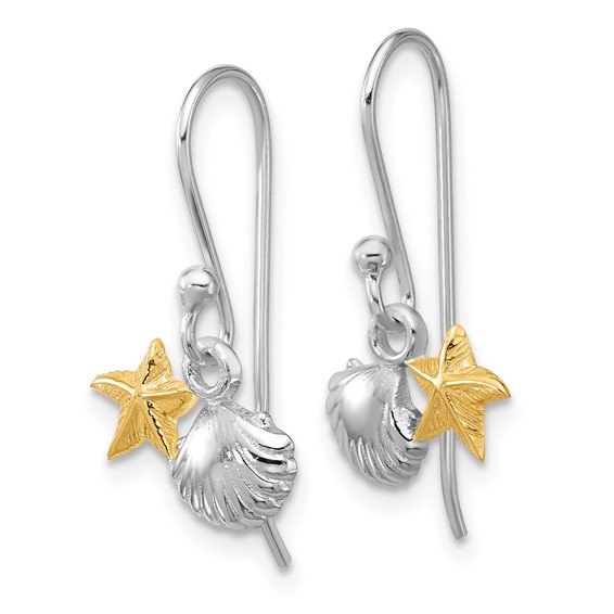 Sterling Silver RH-plated Flash Gold-plated Starfish & Shell Dangle Earring