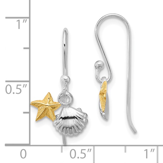 Sterling Silver RH-plated Flash Gold-plated Starfish & Shell Dangle Earring