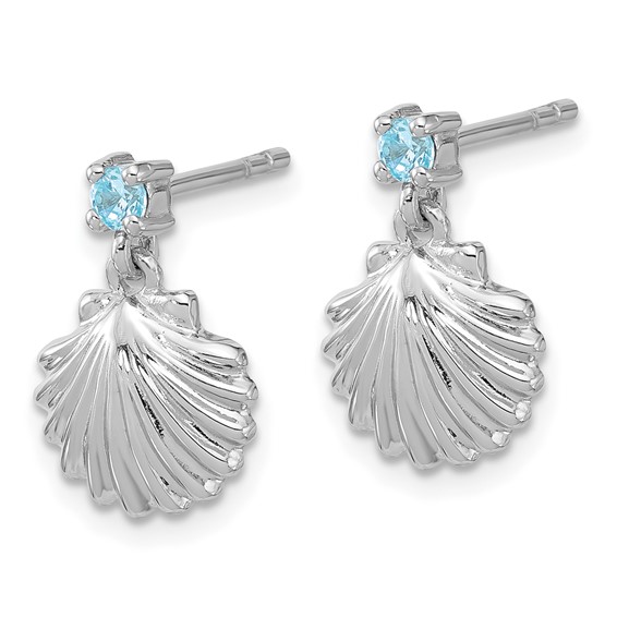 Sterling Silver Rh-plated Polished Blue CZ Dangle Shell Stud Earrings