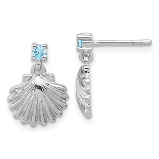 Sterling Silver Rh-plated Polished Blue CZ Dangle Shell Stud Earrings