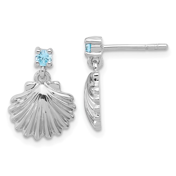 Sterling Silver Rh-plated Polished Blue CZ Dangle Shell Stud Earrings