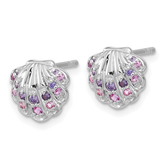 Sterling Silver Rh-plated Polished CZ Shell Post Earrings