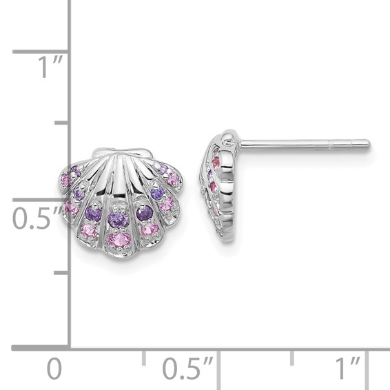 Sterling Silver Rh-plated Polished CZ Shell Post Earrings