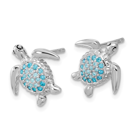 Sterling Silver Rh-plated Polished CZ Turtle Post Earrings