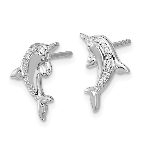 Sterling Silver Rhodium-plated Polished CZ Dolphin Post Earrings