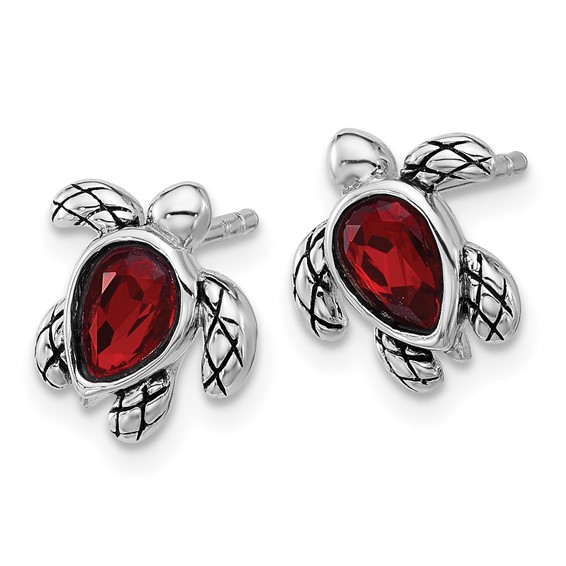Sterling Silver RH-plated Antiqued Crystal Birthstone Turtle Earrings