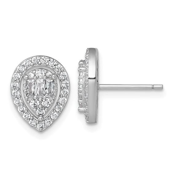 Sterling Silver Rhodium-plated Polished Fancy CZ Teardrop Halo Post Earrings