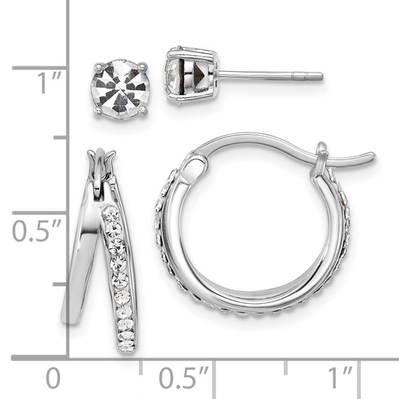 Sterling Silver Platinum Flash-plated Polished White Crystal Post and Hoop Earring Set