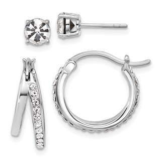 Sterling Silver Platinum Flash-plated Polished White Crystal Post and Hoop Earring Set