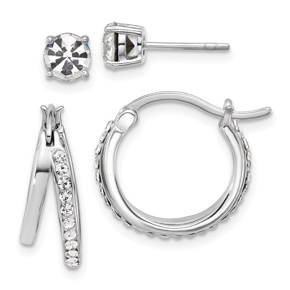 Sterling Silver Platinum Flash-plated Polished White Crystal Post and Hoop Earring Set