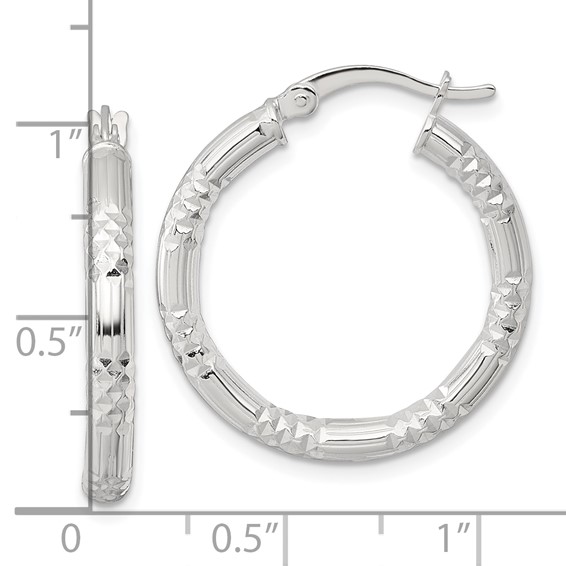 Sterling Silver 3.25mm Diamond-cut Hoop Earrings