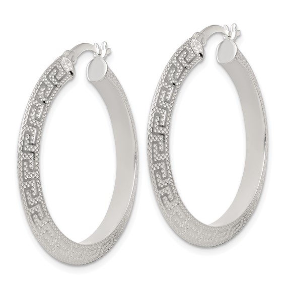 Sterling Silver Greek Key Knife Edge Hoop Earrings