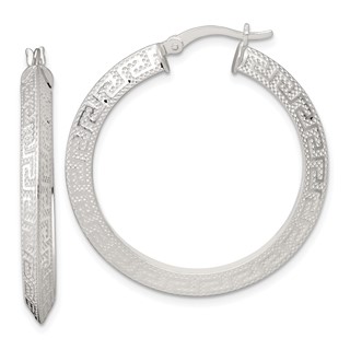 Sterling Silver Greek Key Knife Edge Hoop Earrings