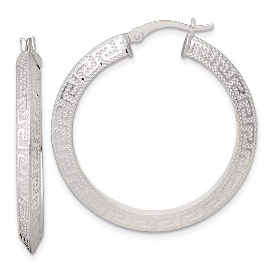 Sterling Silver Greek Key Knife Edge Hoop Earrings