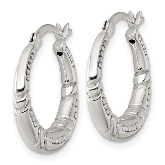 Sterling Silver Polished Beaded and Grooved Round Hollow Hoop Earrings