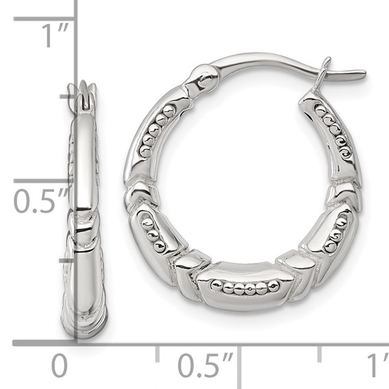 Sterling Silver Polished Beaded and Grooved Round Hollow Hoop Earrings