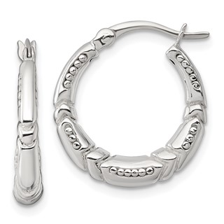 Sterling Silver Polished Beaded and Grooved Round Hollow Hoop Earrings