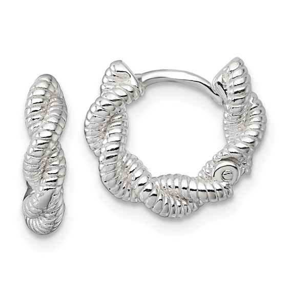 Sterling Silver Polish Textured Twisted Hinged Round Hoop Earrings