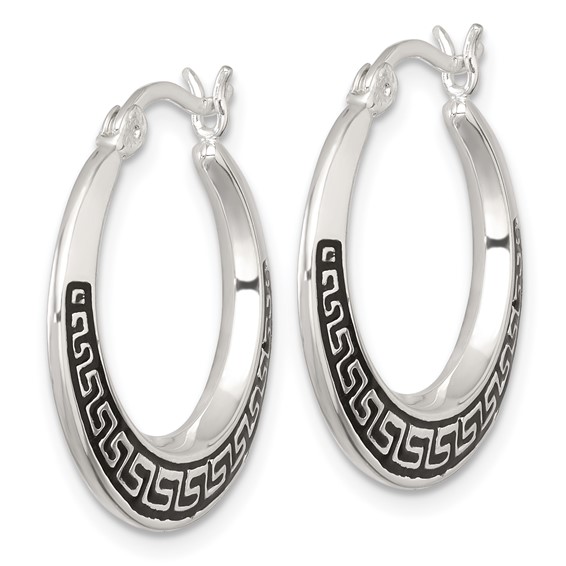Sterling Silver Polished and Black Enameled Greek Key Round Graduated Hollow Hoop Earrings
