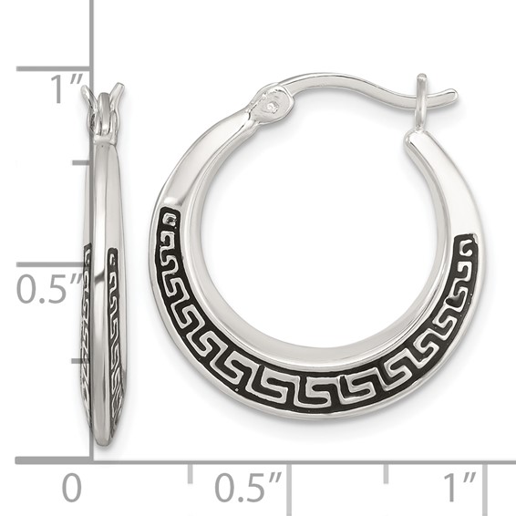 Sterling Silver Polished and Black Enameled Greek Key Round Graduated Hollow Hoop Earrings