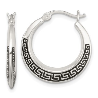 Sterling Silver Polished and Black Enameled Greek Key Round Graduated Hollow Hoop Earrings