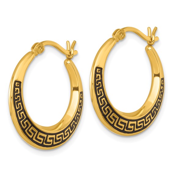 Sterling Silver Gold-tone Polished and Black Enameled Greek Key Round Graduated Hollow Hoop Earrings