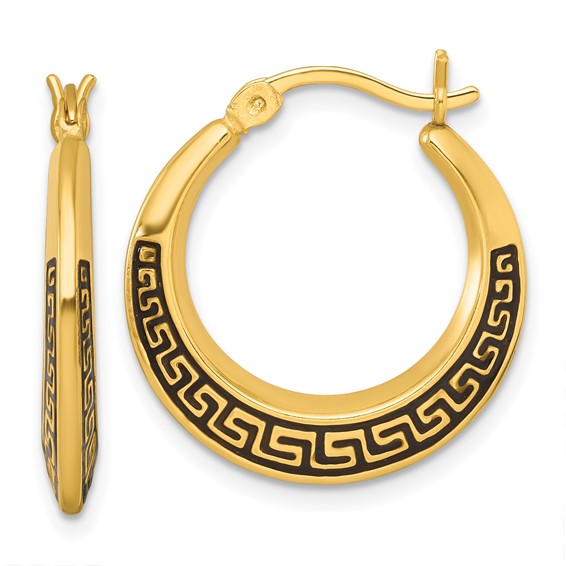 Sterling Silver Gold-tone Polished and Black Enameled Greek Key Round Graduated Hollow Hoop Earrings
