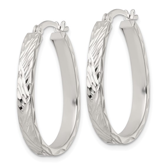Sterling Silver Polished Diamond-cut 4.0mm Oval Hoop Earrings