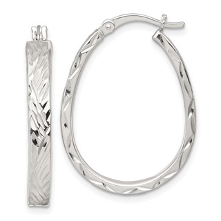 Sterling Silver Polished Diamond-cut 4.0mm Oval Hoop Earrings