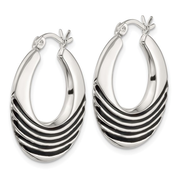 Sterling Silver Polished with Black Enamel Stripes Round Hollow Hoop Earrings
