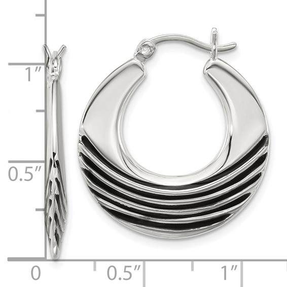Sterling Silver Polished with Black Enamel Stripes Round Hollow Hoop Earrings