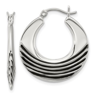 Sterling Silver Polished with Black Enamel Stripes Round Hollow Hoop Earrings