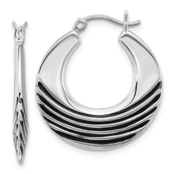 Sterling Silver Polished with Black Enamel Stripes Round Hollow Hoop Earrings