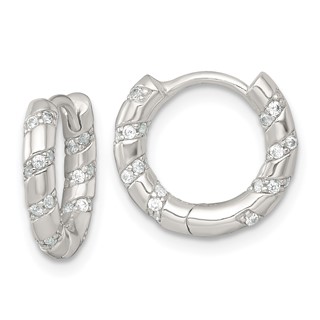 Sterling Silver Polished CZ Round Hinged Hoop Earrings